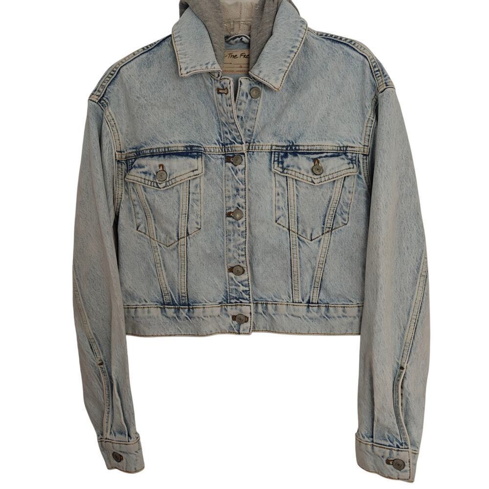 We the Free People Brando Denim Hoodie Jacket Malta Acid Wash Size XS Cropped - Picture 2 of 13